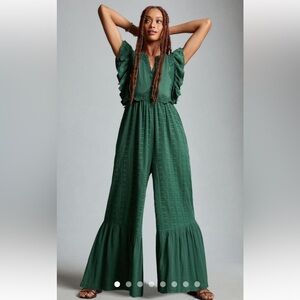 Bohemian Green Jumpsuit with Flared Ruffled Tiers